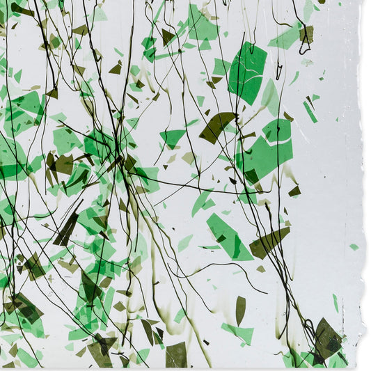 Bullseye COE90 Fusing Glass 004325 Green Fracture with Line Cast Green Streamers on Clear Full Sheet