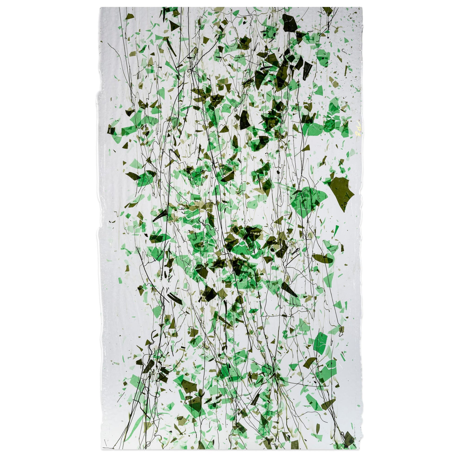 Bullseye COE90 Fusing Glass 004325 Green Fracture with Line Cast Green Streamers on Clear Full Sheet