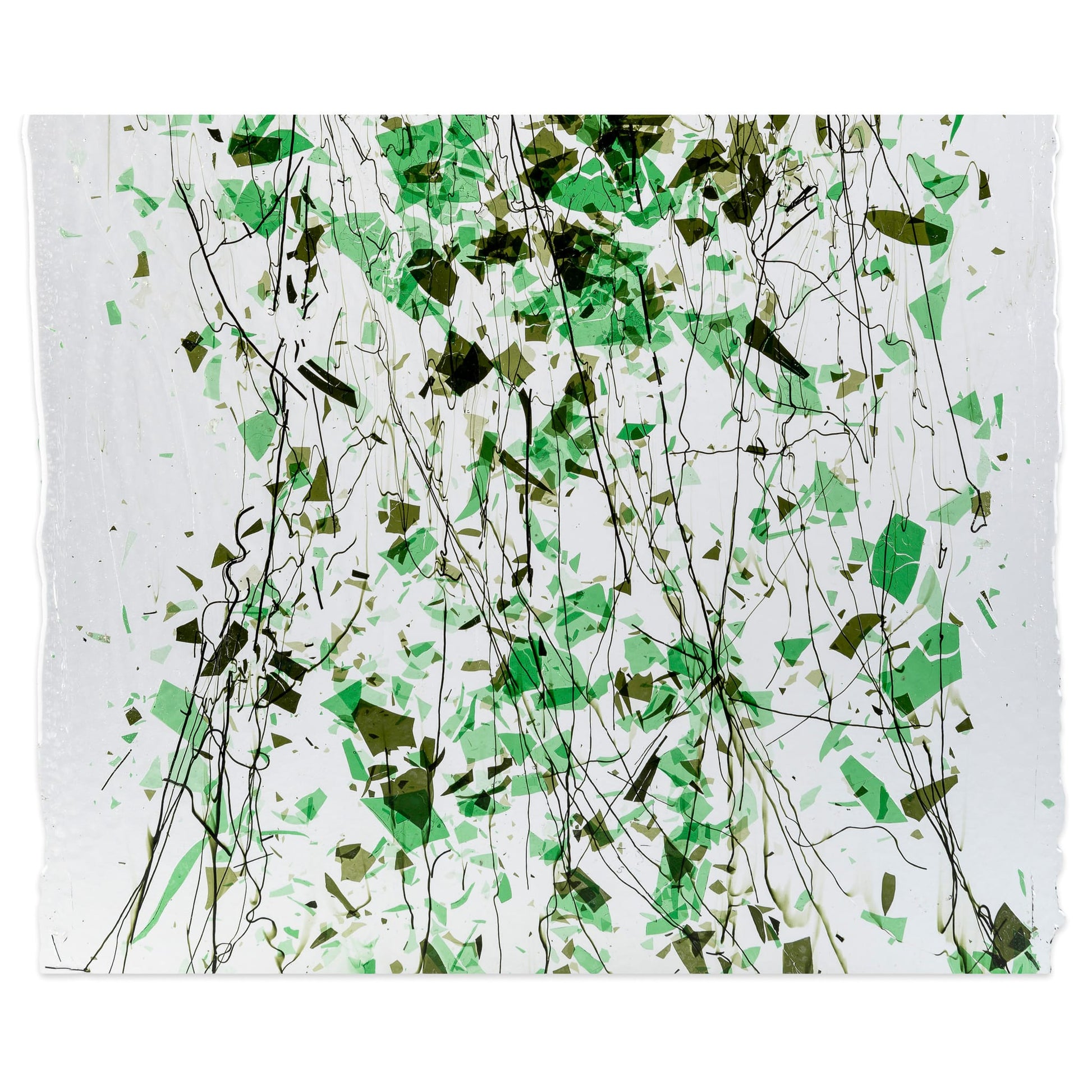 Bullseye COE90 Fusing Glass 004325 Green Fracture with Line Cast Green Streamers on Clear Full Sheet